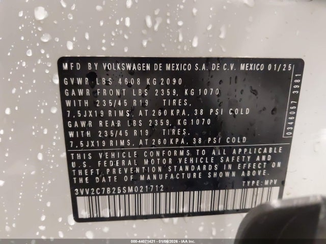 44071421 :رقم المزاد ، 3VV2C7B25SM021712 vin ، 2025 Volkswagen Taos 1.5t Se Black مزاد بيع
