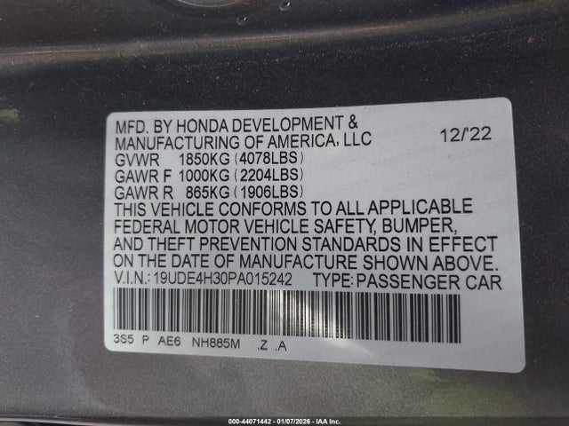 44071442 :رقم المزاد ، 19UDE4H30PA015242 vin ، 2023 Acura Integra A-spec مزاد بيع