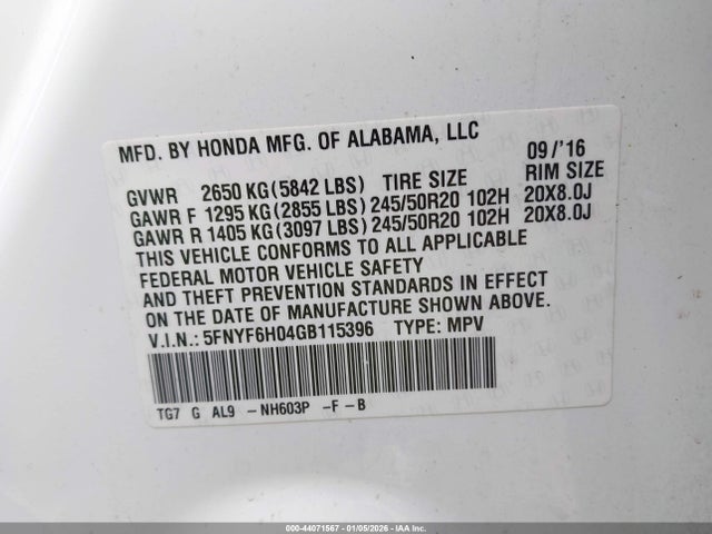5FNYF6H04GB115396 Honda Pilot Elite