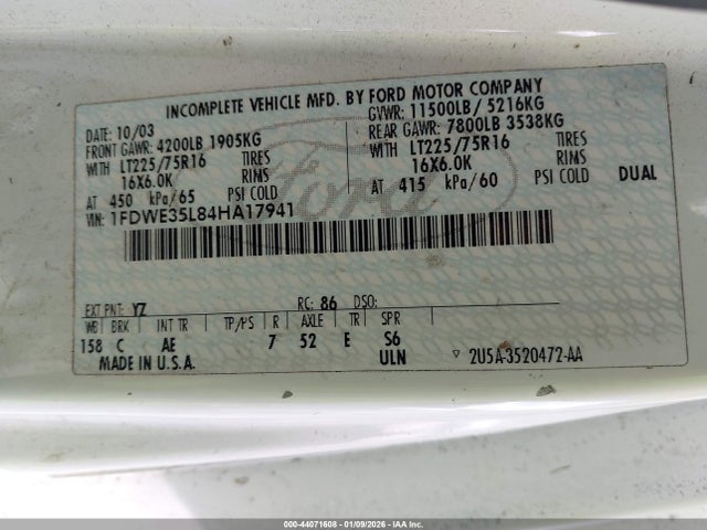 Продаж на аукціоні авто 2004 Ford E-350 Cutaway Standard, vin: 1FDWE35L84HA17941, номер лоту: 44071608