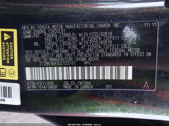 Aukcja sprzedaży 2012 Lexus Rx 350, vin: 2T2BK1BA1CC133743, numer aukcji: 44071634