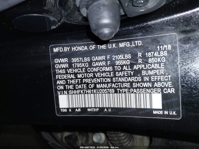 SHHFK7H61KU205769 Honda CIVIC EX
