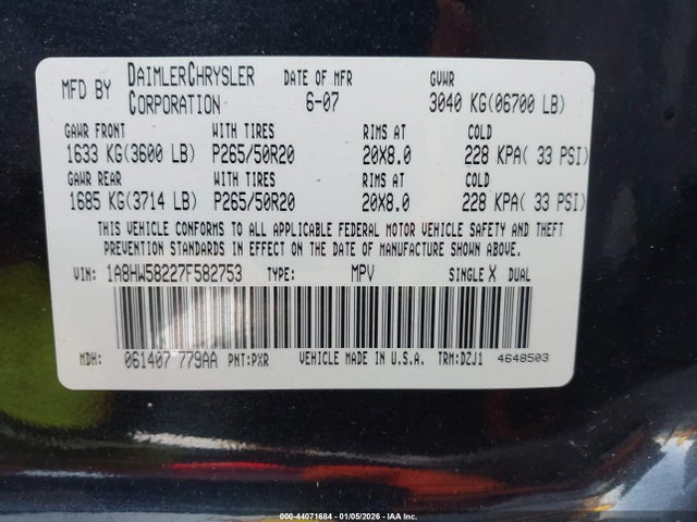 2007 CHRYSLER ASPEN 1A8HW58227F582753 Photo 8