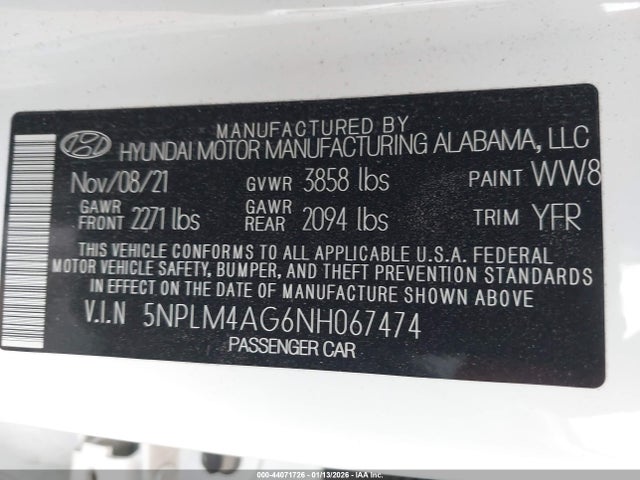 5NPLM4AG6NH067474 Hyundai ELANTRA SEL