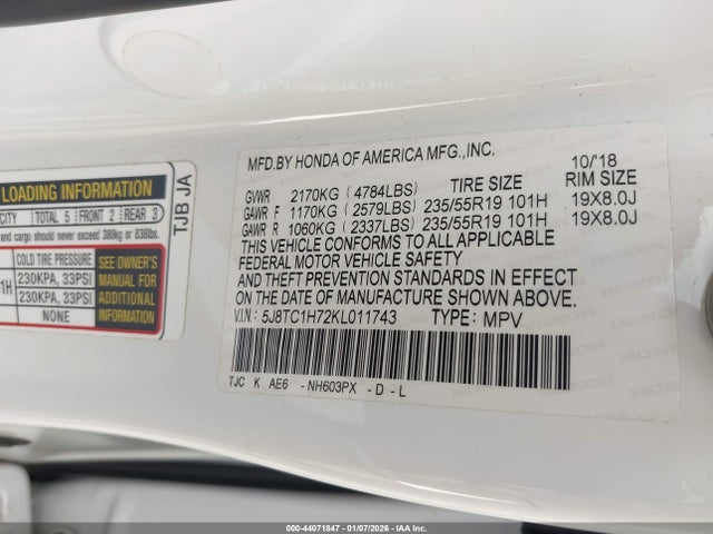 2019 Acura Rdx Advance Package მანქანა იყიდება აუქციონზე, vin: 5J8TC1H72KL011743, აუქციონის ნომერი: 44071847