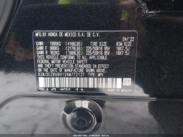 3CZRU6H12NM772137 Honda Hr-v Awd Sport