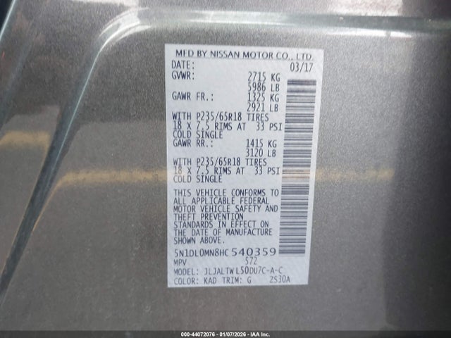 44072076 :رقم المزاد ، 5N1DL0MN8HC540359 vin ، 2017 Infiniti Qx60 مزاد بيع