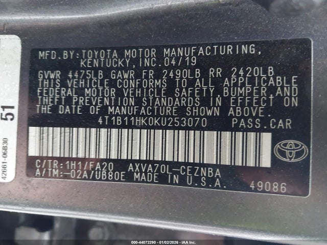 4T1B11HK0KU253070 Toyota CAMRY LE