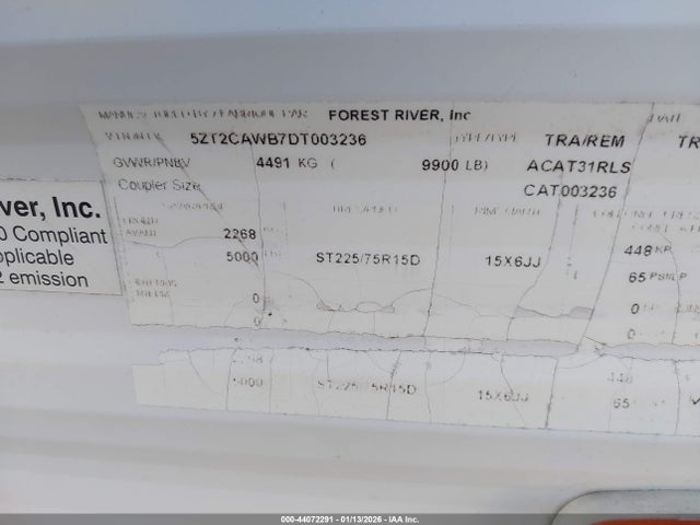 Продаж на аукціоні авто 2013 Forest River Catalina, vin: 5ZT2CAWB7DT003236, номер лоту: 44072291