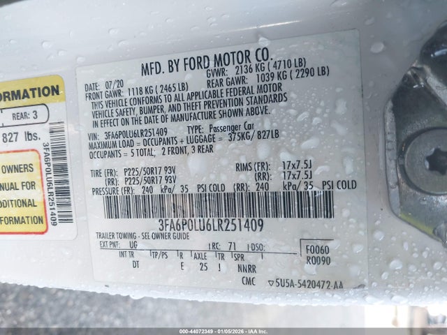 Ford Fusion Hybrid Se 2020 3FA6P0LU6LR251409 Image 9