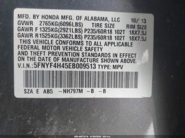 Honda Pilot Ex 2014 5FNYF4H45EB009513 Image 9