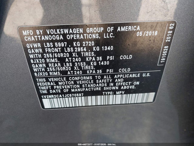 1V2NR2CA1JC570597 Volkswagen Atlas 3.6l V6 Sel Premium
