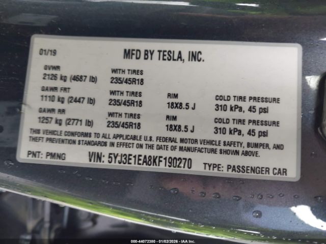2019 TESLA MODEL 3 5YJ3E1EA8KF190270 Photo 8