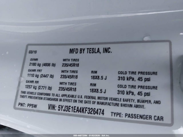 2019 TESLA MODEL 3 5YJ3E1EA4KF326474 Photo 8