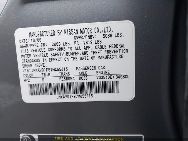 2007 Infiniti M35x მანქანა იყიდება აუქციონზე, vin: JNKAY01F97M455415, აუქციონის ნომერი: 44072461