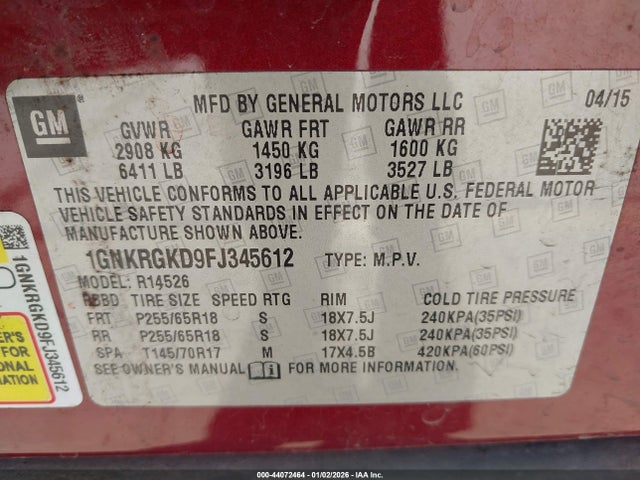 Chevrolet Traverse 1lt 2015 1GNKRGKD9FJ345612 Image 9
