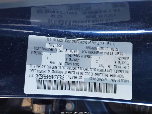 Aukcja sprzedaży 2021 Mazda Mazda3 Select, vin: 3MZBPBBM5MM208343, numer aukcji: 44072465