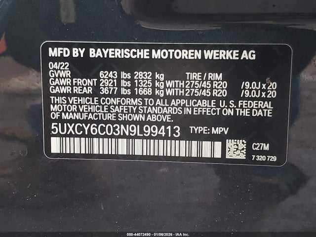 2022 BMW X6 5UXCY6C03N9L99413 Photo 8
