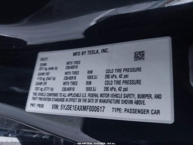 44072538 :رقم المزاد ، 5YJ3E1EAXMF000617 vin ، 2021 Tesla Model 3 Standard Range Plus Rear-wheel Drive مزاد بيع