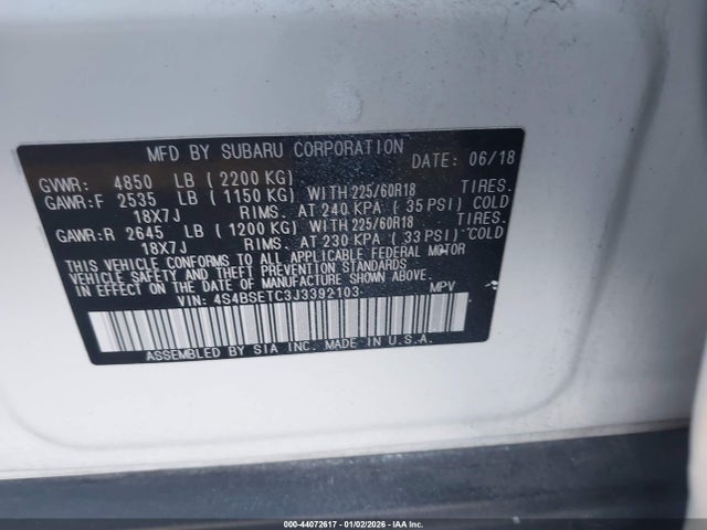 Auction sale of the 2018 Subaru Outback 3.6r Touring, vin: 4S4BSETC3J3392103, lot number: 44072617