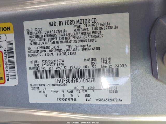 1FATP8UH9N5104378 Ford Mustang Ecoboost Premium