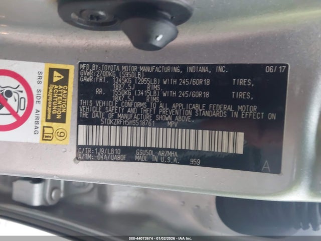 Продаж на аукціоні авто 2017 Toyota Highlander Xle, vin: 5TDKZRFH5HS518761, номер лоту: 44072674