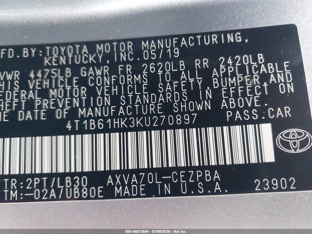 4T1B61HK3KU270897 Toyota CAMRY XSE