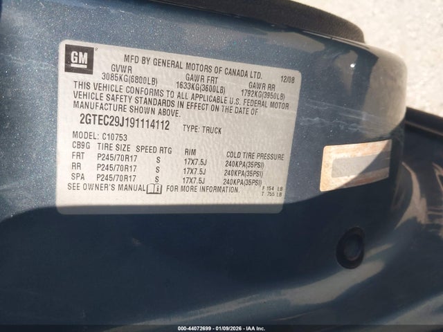 Aukcja sprzedaży 2009 Gmc Sierra 1500 Sle, vin: 2GTEC29J191114112, numer aukcji: 44072699