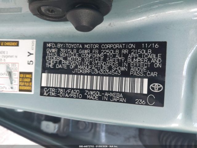 2017 TOYOTA PRIUS JTDKBRFU3H3034543 Photo 8
