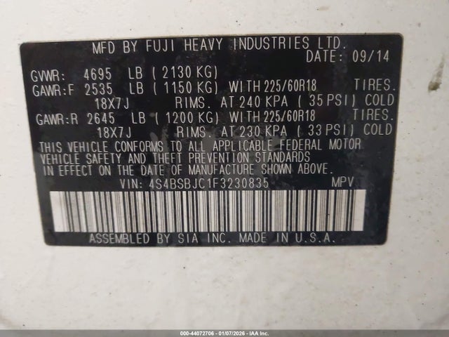 Subaru Outback 2.5i Limited 2015 4S4BSBJC1F3230835 Image 9