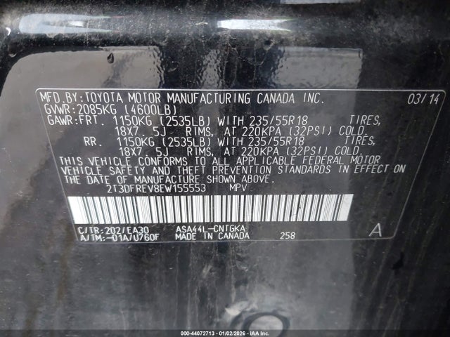 2T3DFREV8EW155553 Toyota Rav4 Limited