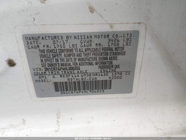 3N1CN7AP4HL906253 Nissan Versa 1.6 Sv