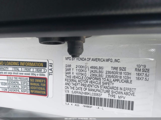 5J6RW2H89KL030637 Honda Cr-v Ex-l