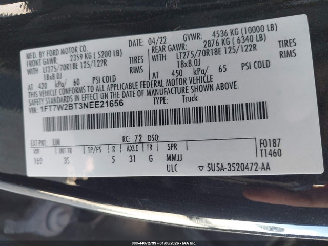 Aukcja sprzedaży 2022 Ford F-250 Xlt, vin: 1FT7W2BT3NEE21656, numer aukcji: 44072799