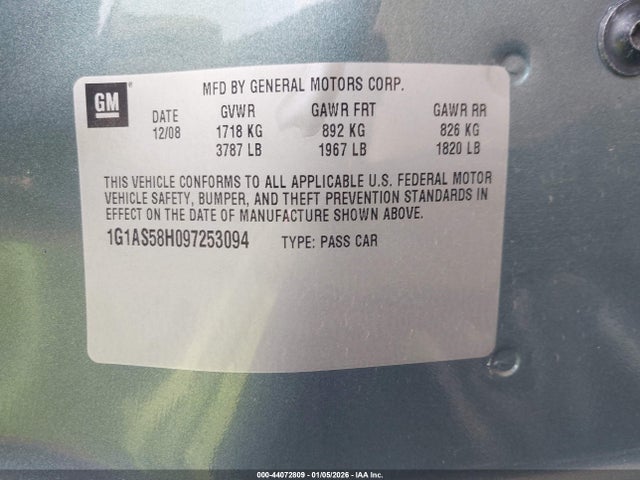 2009 Chevrolet Cobalt Ls მანქანა იყიდება აუქციონზე, vin: 1G1AS58H097253094, აუქციონის ნომერი: 44072809