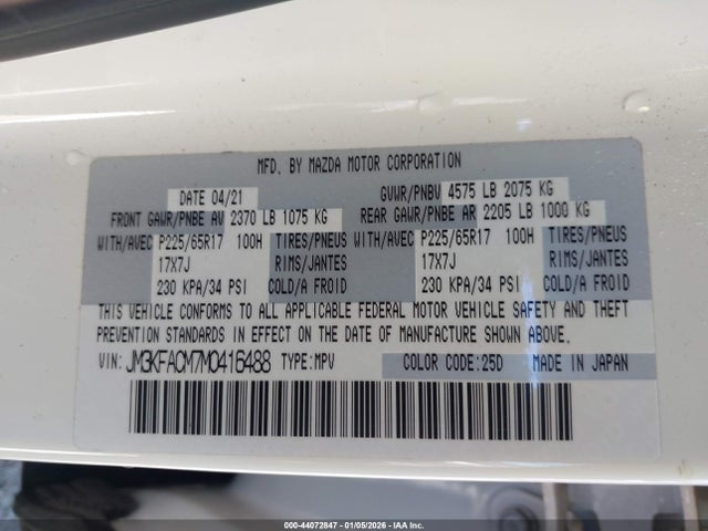 44072847 :رقم المزاد ، JM3KFACM7M0416488 vin ، 2021 Mazda Cx-5 Touring مزاد بيع