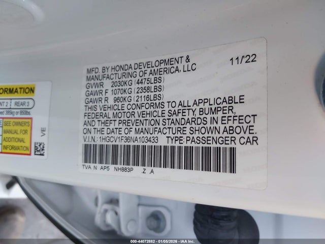 1HGCV1F36NA103433 Honda Accord Sport