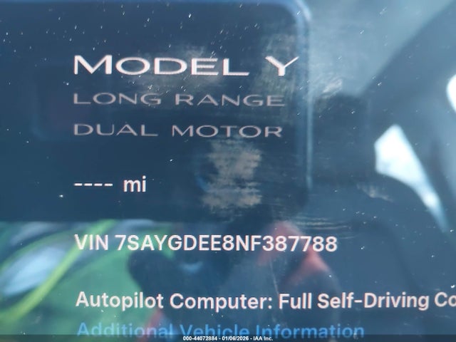 Aukcja sprzedaży 2022 Tesla Model Y Long Range Dual Motor All-wheel Drive, vin: 7SAYGDEE8NF387788, numer aukcji: 44072884