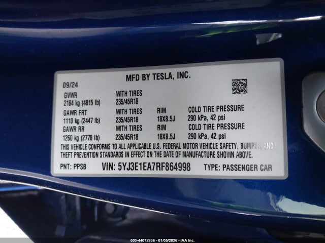 44072936 :رقم المزاد ، 5YJ3E1EA7RF864998 vin ، 2024 Tesla Model 3 Long Range Dual Motor All-wheel Drive/rear-wheel Drive مزاد بيع