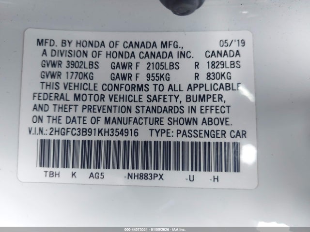 2019 HONDA CIVIC 2HGFC3B91KH354916 Photo 8