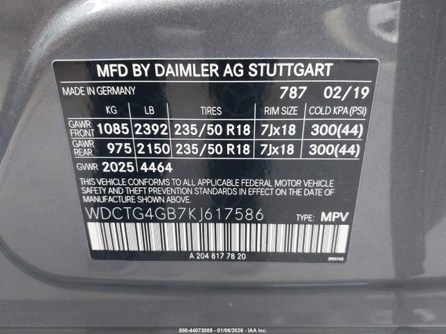WDCTG4GB7KJ617586 Mercedes-Benz Gla 250 4matic
