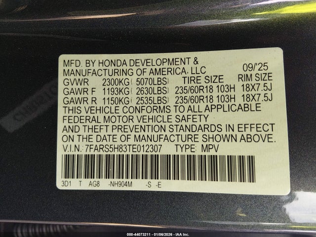 7FARS5H83TE012307 Honda Cr-v Hybrid 2wd Sport-l