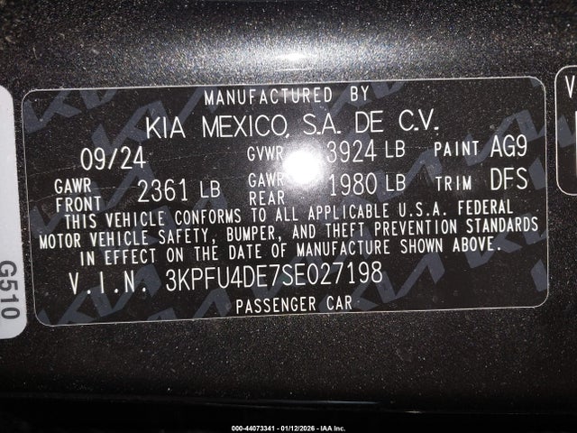 44073341 :رقم المزاد ، 3KPFU4DE7SE027198 vin ، 2025 Kia K4 Ex مزاد بيع