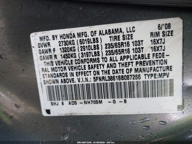 Продажа на аукционе авто 2008 Honda Odyssey Ex-l, vin: 5FNRL38618B087266, номер лота: 44073348