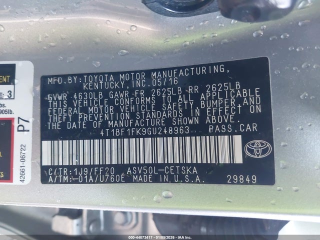 2016 Toyota Camry Se მანქანა იყიდება აუქციონზე, vin: 4T1BF1FK9GU248963, აუქციონის ნომერი: 44073417