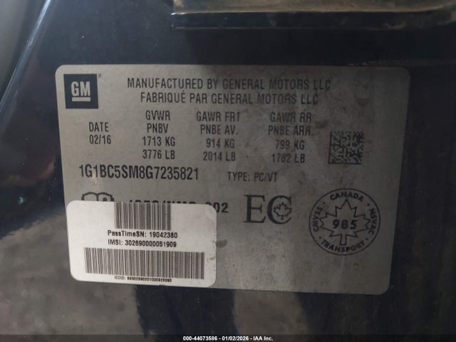 44073586 :رقم المزاد ، 1G1BC5SM8G7235821 vin ، 2016 Chevrolet Cruze Ls Auto مزاد بيع