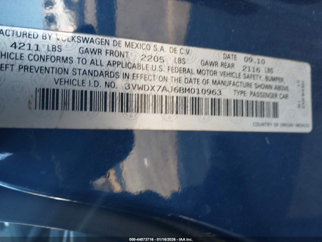 44073716 :رقم المزاد ، 3VWDX7AJ6BM010963 vin ، 2011 Volkswagen Jetta 2.5l Se مزاد بيع