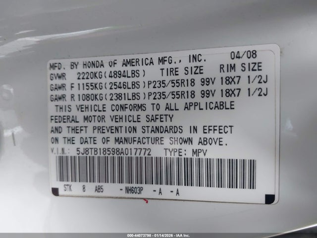 2008 Acura Rdx მანქანა იყიდება აუქციონზე, vin: 5J8TB18598A017772, აუქციონის ნომერი: 44073798