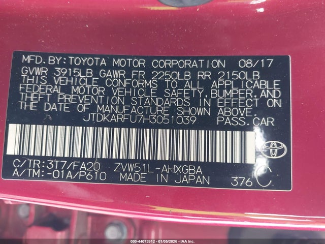 JTDKARFU7H3051039 Toyota Prius Three