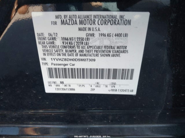 44073972 :رقم المزاد ، 1YVHZ8DH0D5M07309 vin ، 2013 Mazda Mazda6 I Touring مزاد بيع